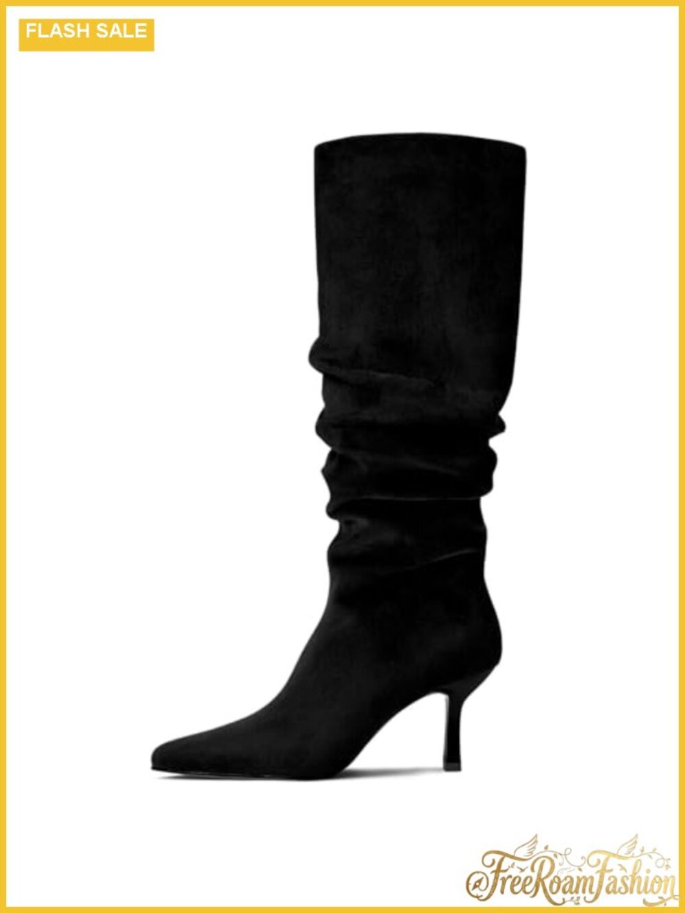 Suede Ruched Knee High Boots Pointed Toe Kitten Heel Pull On Fall Winter